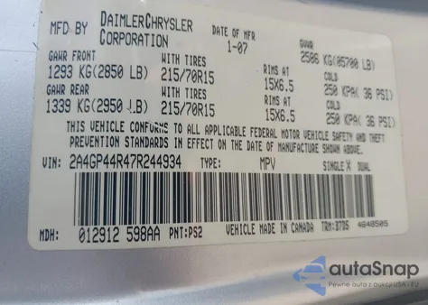 2007 Chrysler Town & Country Lx z USA, uszkodzony, nr VIN 2A4GP44R47R244934